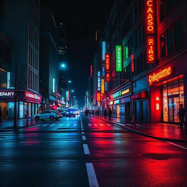 Neon-lit downtown street at night with wet asphalt reflecting red and green signs