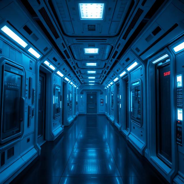Blue-lit science-fiction space station corridor with lockers and glowing panels