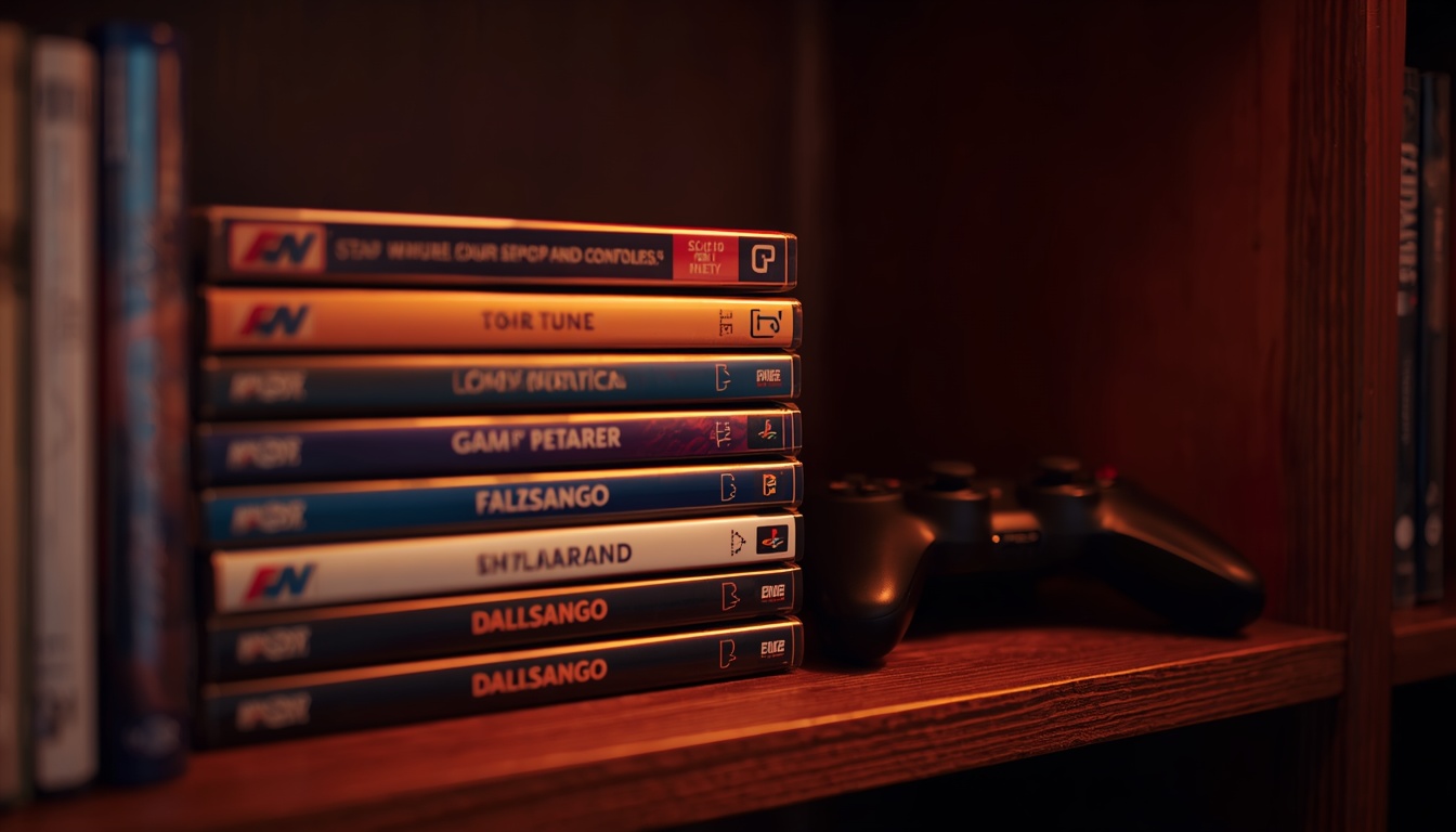 Shelf of stacked game cases beside a black controller, lit warm in a dim room
