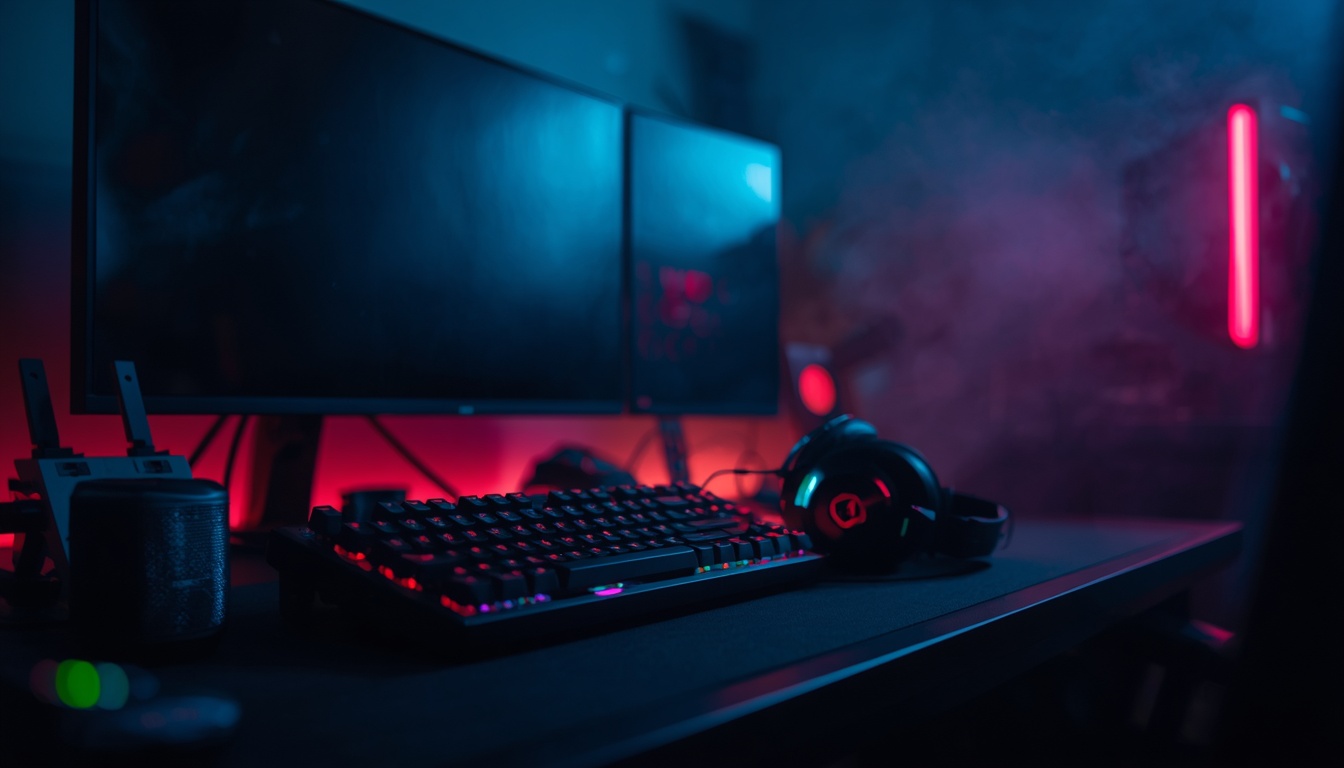 Dark gaming desk lit by red and blue LEDs with a mechanical keyboard, headset and dual monitors