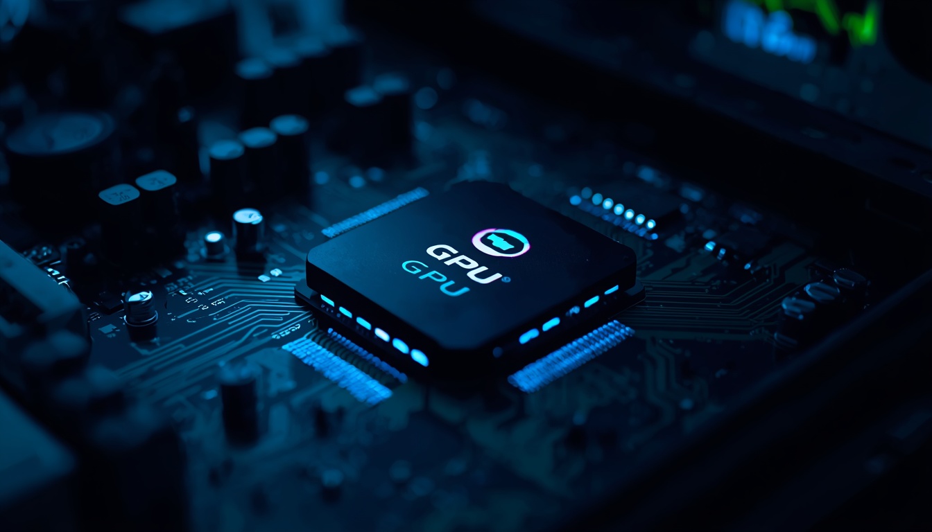 Close-up of a graphics processor chip on a circuit board glowing blue