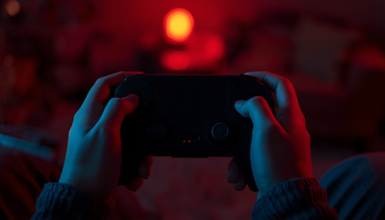 Hands holding a black handheld game console in a dim room lit by a red lamp