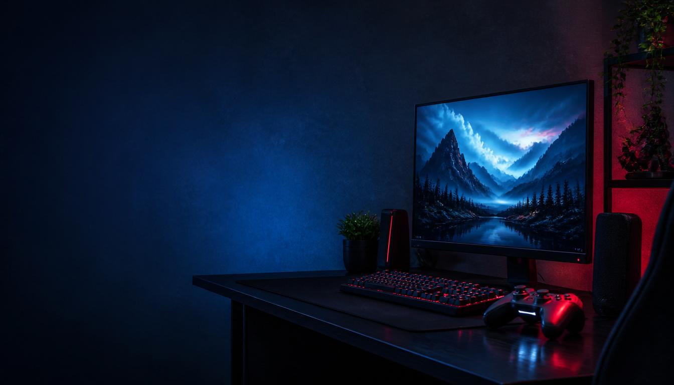 Gaming setup in a dark room with a monitor showing a misty mountain valley from an open-world game